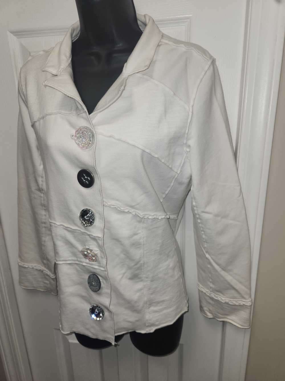 🍉Neon Buddha White Button-Front Patchwork Jacket